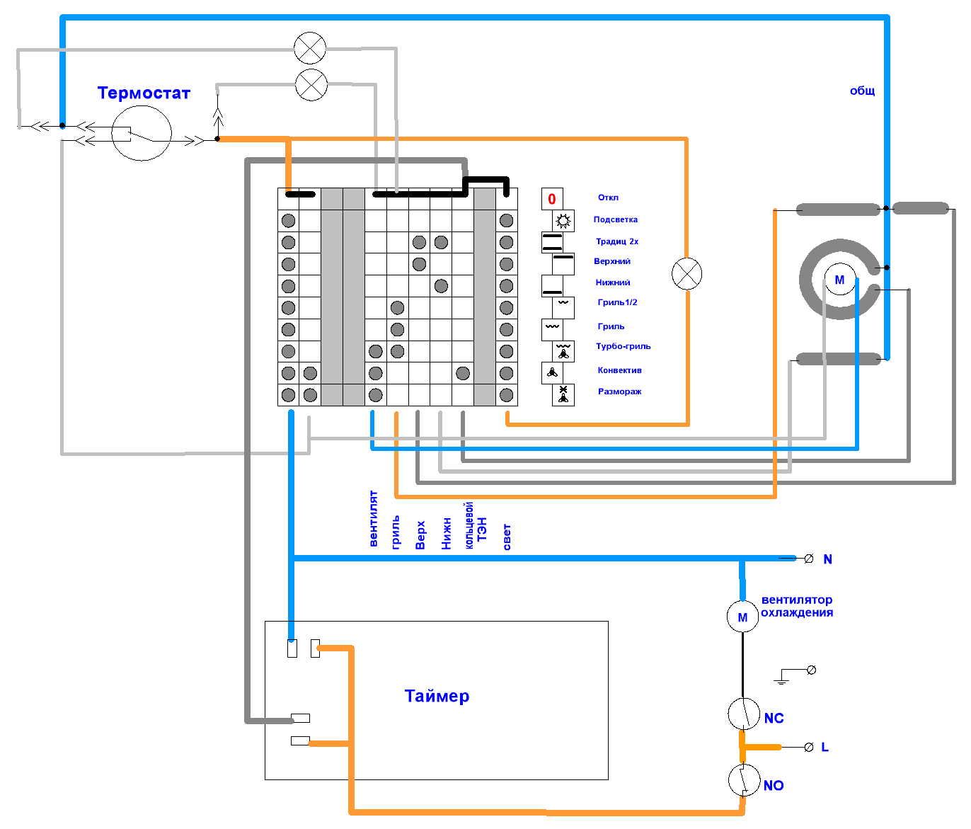 Схема подключения проводов к таймеру духового шкафа